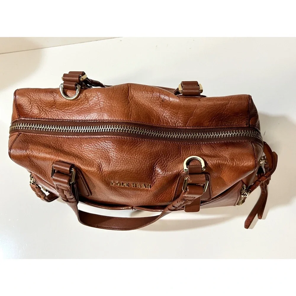 Cole Haan Cognac Leather Satchel Braided Handle Doctor Bag Brown Gold Hardware
